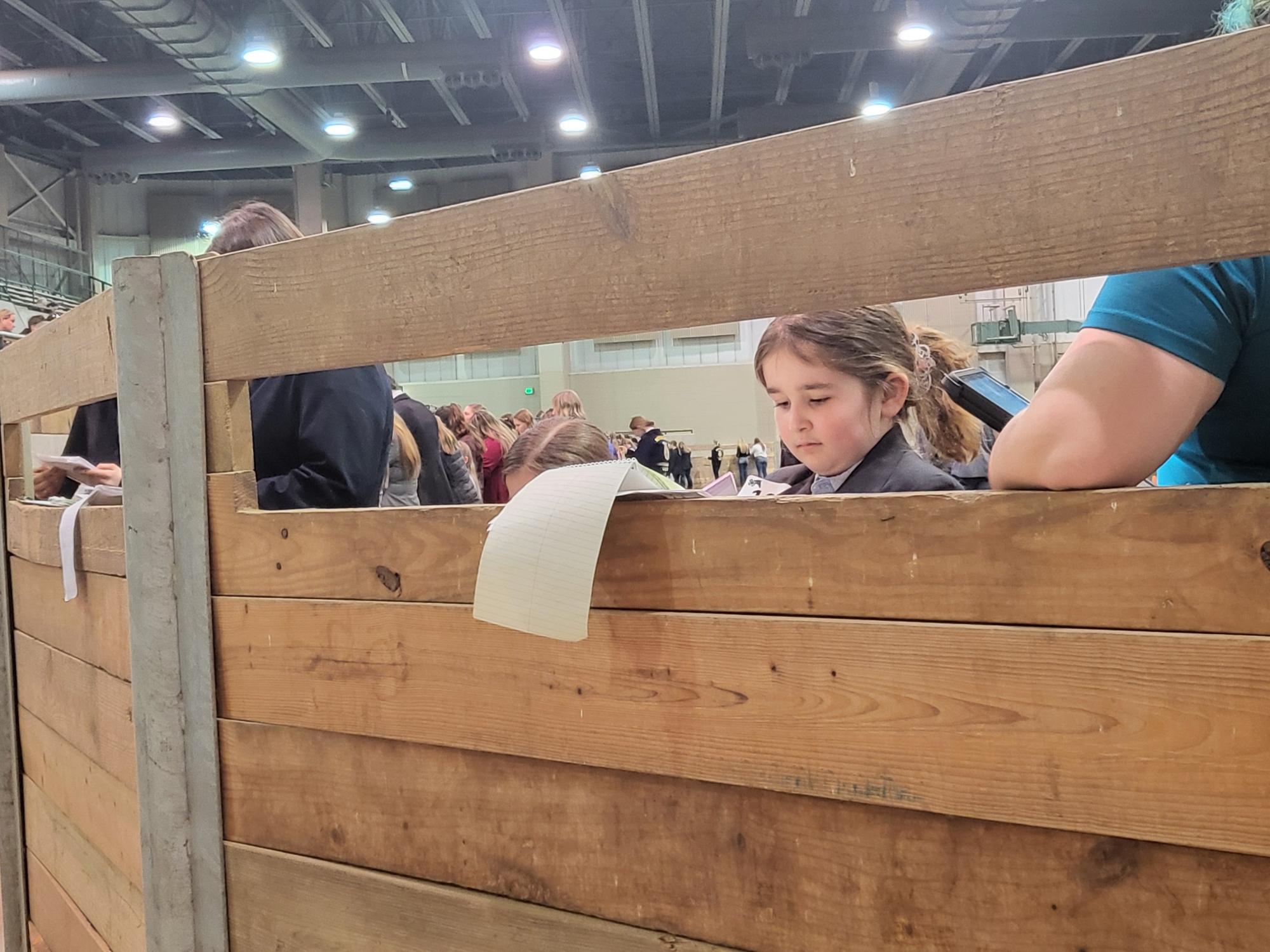 A young lady looking at her notes in the arena.